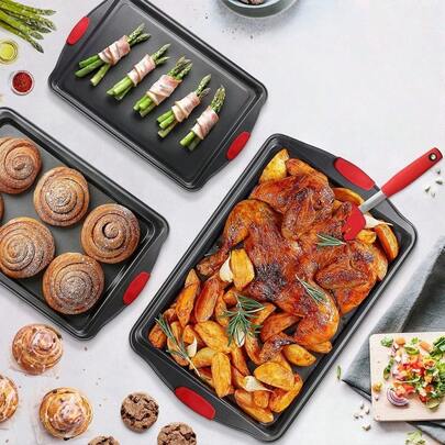 CHEF LANG 3-Piece Heavy Duty Non-Stick Baking Set - With Handles, Easy To Clean Gray Carbon Steel Cookie Sheets - Ideal For Holiday Baking, Perfect Gift For Home Baking Enthusiasts, Multi-Function Baking Set, Ergonomic Handle Design, Rust-Resistant Material