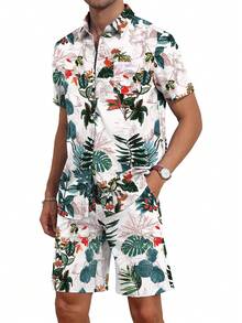 USLAN Mens Flower Hawaiian 2 Piece Outfit Sets Short Sleeve Beach Casual Button Down Shirt And Shorts Suits - trắng - Xem 4