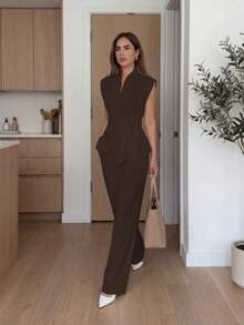 两件套优雅休闲通勤商务职场法式系带无袖背心上衣+宽松阔腿裤两件套西装，优雅女士套装，女士休闲套装，白色西装，白色裤子，白色上衣，女士夏季套装 - 棕色 - 查看 3