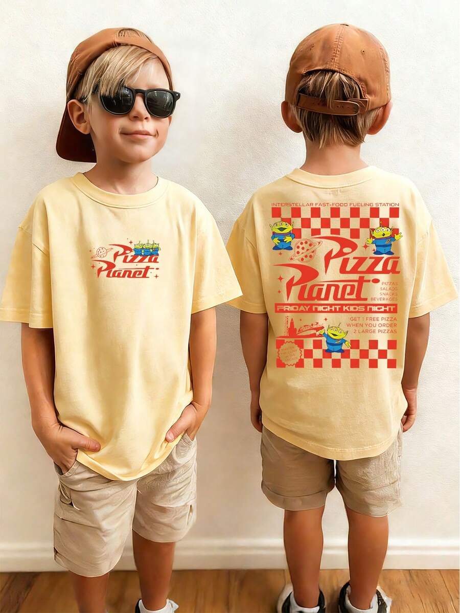 Disney Toy Story Pizza Planet Themed Kids' T-Shirt: Black Base With Double-Sided Print Of 'Pizza Planet' Logo, Aliens And Retro Fast-Food Elements. The Style Fits Kids' Multi-Scene Daily Wear - Màu be - Xem 1