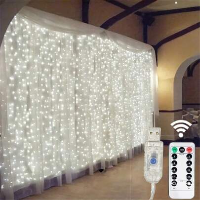 USB Powered Eid Al-Fitr White Curtain String Lights With Remote Control, 8 Lighting Modes, Wedding Party Decor, Birthday Gift, Valentine's Day, Holiday Atmosphere Decoration