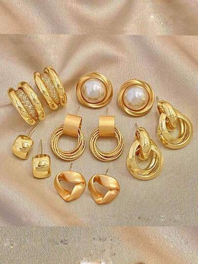 6pcs/Set Vintage Gold Butterfly & Pearl Geometric Earrings Set, Suitable For Women's Daily Wear