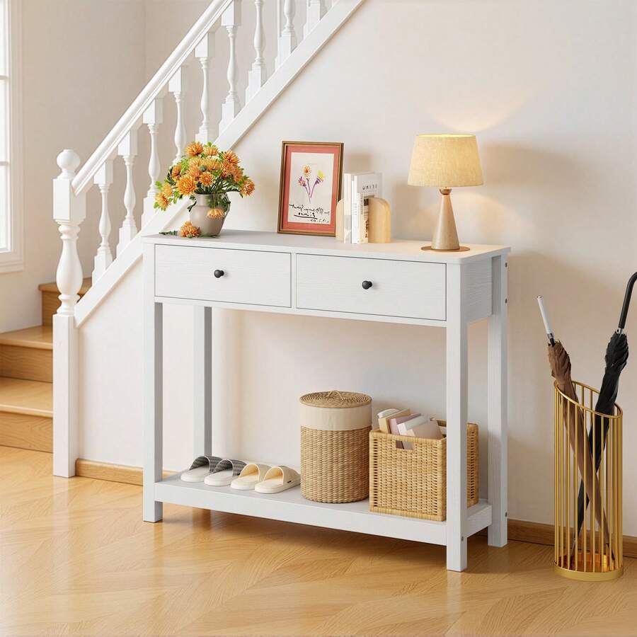 Asofer Console Sofa Table With 2 Drawers, 3-Tier Narrow Wood Accent Sofa  Entryway Table With Storage Shelf For Hallway, Living Room,White - 白色 - 查看 1