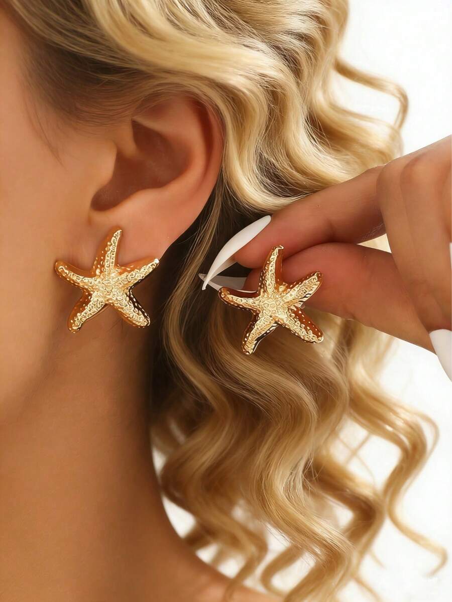 1 Pair Women's Fashion Metal Starfish Geometric Earrings, Elegant Jewelry Gift For Beach Vacation - Yellow Gold - View 1