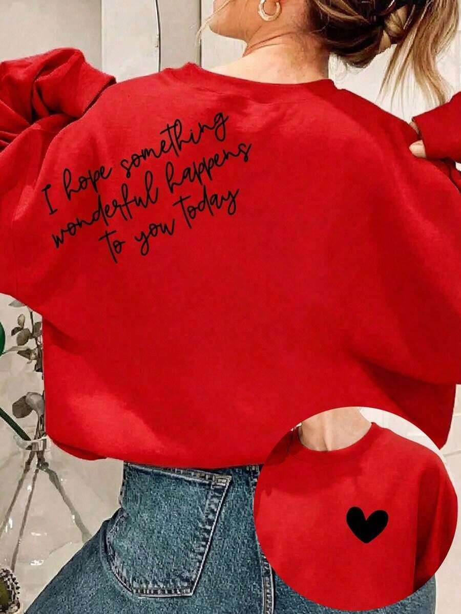 Valentine Outfits For Women2026Wonderful Day Kind, Positive Letter Graphic Cute Women Oversized Crew Neck Long Sleeve Casual Sweatshirt, Autumn/Wintervalentine's Day Valentines Clothes - 紅色 - 查看 1