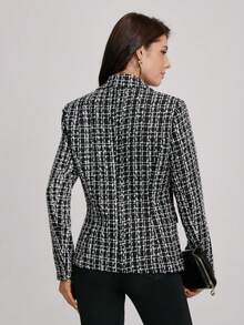 一件双色格纹纽扣西装外套，适合办公室、学校、春秋季穿着。 - 黑與白 - 查看 2