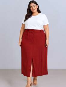 Women's Plus Size Midi Skirt With Front Slit, High Waist, Tailored, Sensual Style, Marrante - Màu Đỏ Sâu - Xem 2