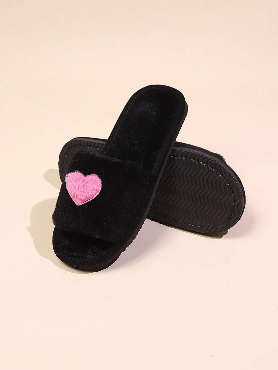 柔软毛绒心形露趾拖鞋,舒适轻便鞋底,适合居家室内穿着,春夏皆宜 - 黑色 - 查看 1