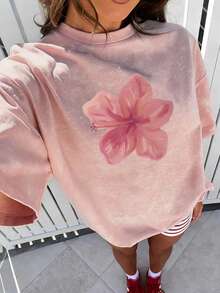 Camiseta de manga corta con cuello redondo, estampado floral rosa, teñido anudado, de moda sencilla y versátil, adecuada para mujer - Rosa - Ver 5