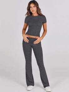 Lounge Sets For Women 2 Piece Foldover Yoga Flare Leggings Pants Crop Tops Casual Y2K Outfits Matching Tracksuit Set - Deep Gray - 查看 1