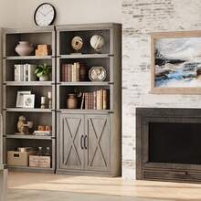 Librería compacta estilo granja de 5 niveles HarmoHaby: estantería vintage de madera con estantes y puertas abiertas, ideal para sala de estar, dormitorio, apartamento o oficina. - puerta de madera - Ver 9