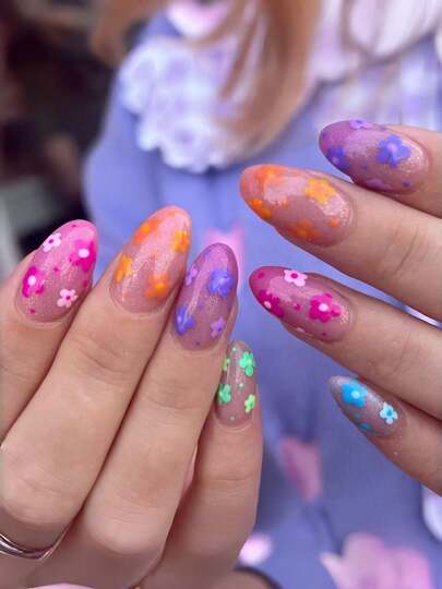 24 Pieces / Sets. Elliptical Pressing Mode Nail Stickers. Suitable For Nail Tips In Spring And Summer Seasons. Applicable To Short To Medium-Length, Full Coverage, Color Gradient, Shiny Flowers, Multi-Color Flower Pattern Nail Designs. Elliptical Fake Nails. Art Of Nail Accessories. Acrylic Nails. Suitable For Women And Girls. Nail Products For Daily Life And Party Occasions.