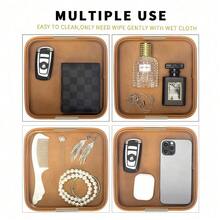 1 pieza Bandeja de almacenamiento de escritorio de lujo de cuero, caja decorativa para joyas, relojes, cosméticos, llaves, teléfono, billetera, accesorio para el hogar y la oficina con tapa deslizante de metal, naranja - Multicolor - Ver 5