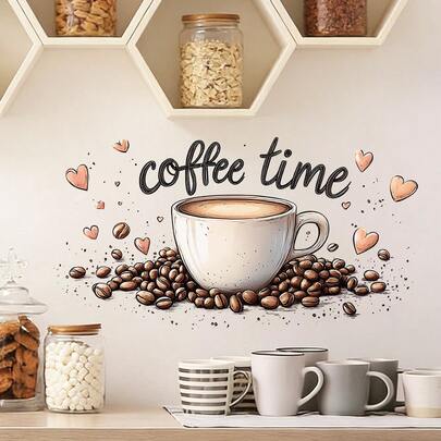 1/3 יחידות מדבקת קיר דביקה, PVC עמיד למים ניתן להסרה, עיצוב כוס קפה עם לוגו "זמן קפה", מתאים לסלון, חדר שינה וליטרינה. מושלם לעיצוב הבית.