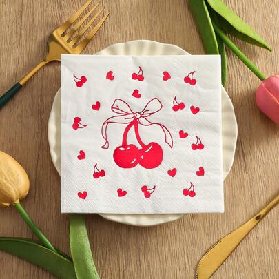 10pcs/20pcs 2025 New Foil Cherry Napkins, 9.84x9.84 Inches - Wedding Birthday Garden Party Decorative Paper Napkins, For Restaurant, Kitchen, Cafe Decor