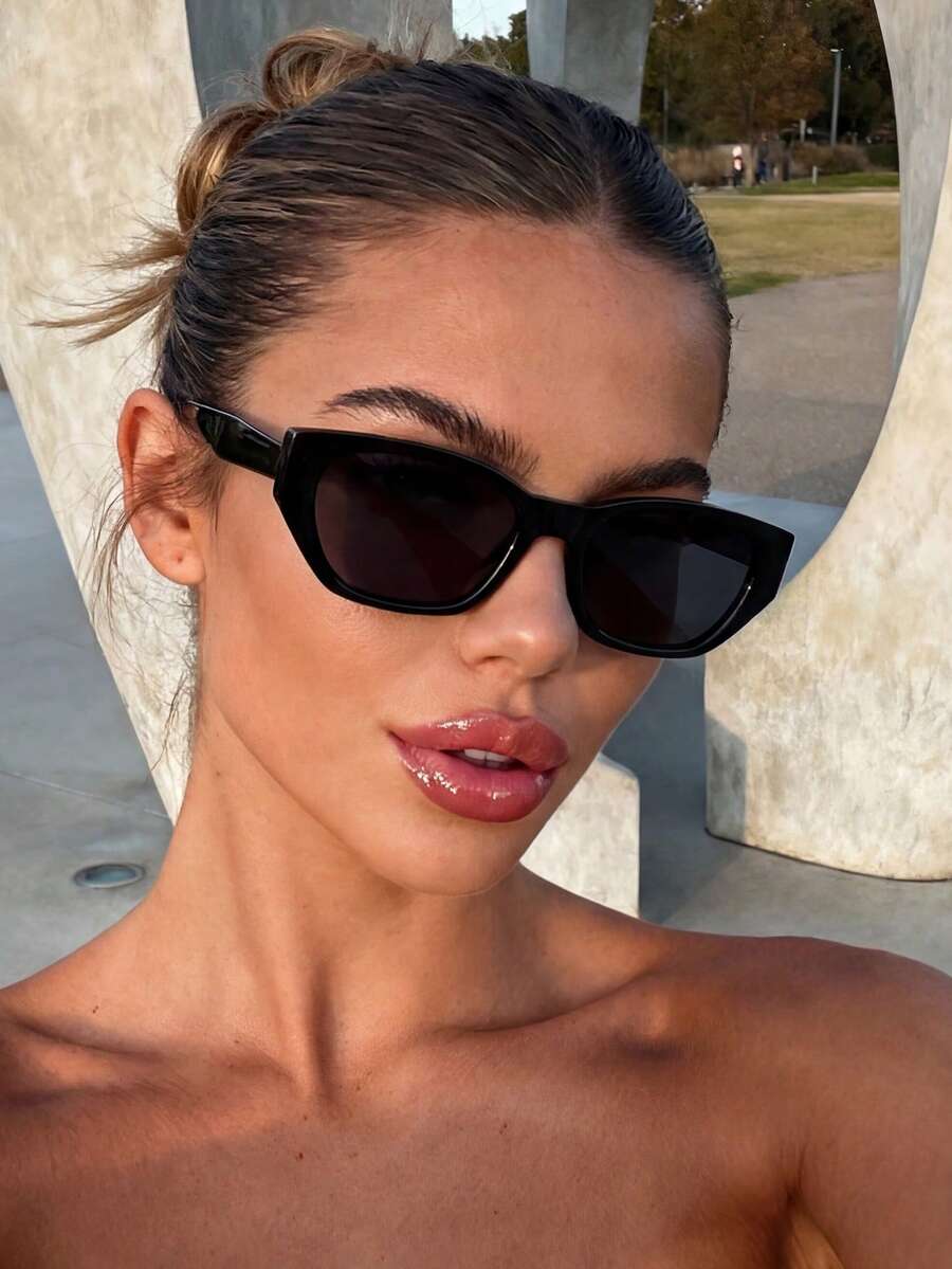 1 Pair Unisex Cat Eye Shaped Fashion Glasses, Minimalist Frame Design, Suitable For Commuting, Summer Beach And Vacation - Black - View 1