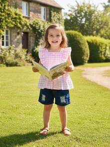 2Pcs Toddler Girls Summer Clothes Infant Baby Gingham Outfit Sleeveless Ruffle T Shirts And Denim Shorts Set - Pink - View 2