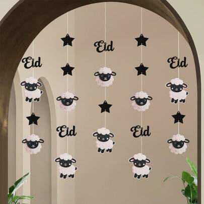 EID AL ADHA Cute Black & White Sheep/Goat Hanging Decor, Party Decoration Background Wall Moon Star Garland Banner