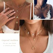 RINHOO FRIENDSHIP 4-6Pcs Multiple Layered Necklaces For Women Choker Necklace With Moon Star Coin Chain Necklace Jewelry For Women - 4件套多款銀項鍊 - 查看 4