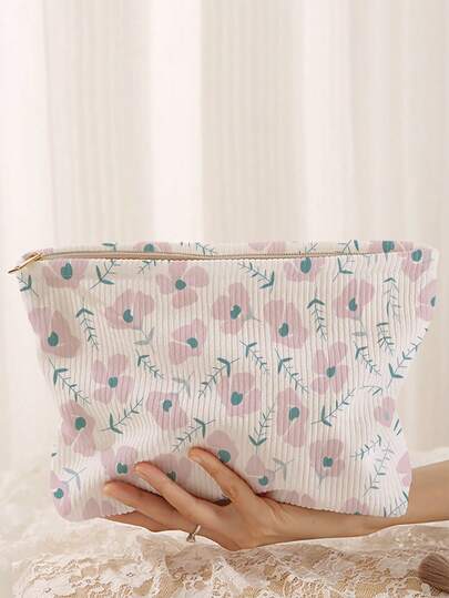 1pc Portable Floral Print Cosmetic Bag, Double-Sided Zipper Makeup Pouch, Multi-Functional Travel Toiletry Organizer