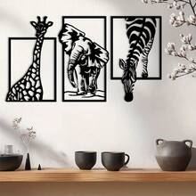 3pcs African Animal Metal Wall Decor Sculpture, 35cm/15.75in, Giraffe, Elephant, Zebra Shapes, Modern Laser Cut Metal Wall Art, Iron Painting For Indoor Outdoor Home Garden Patio Decoration, Elegant Wall Hanging, Housewarming Gift - A - View 11