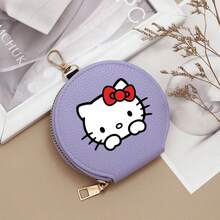 Sanrio Hello Kitty Round Zipper Pouch - PU Leather Multifunctional Small Hanging Bag, Can Hold Cards, Keys, Coins, Cables - A - View 3