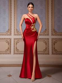VIPGIRL Đầm dạ hội kiểu Trung Quốc màu đỏ satin thêu rồng, thiết kế xẻ cao, lệch vai, đầm dự tiệc cocktail gợi cảm, đầm dự đám cưới thanh lịch, đầm dự tiệc sang trọng, đầm dạ hội dài, đầm dạ hội nữ, đầm đỏ nữ, đầm cocktail quyến rũ - Đỏ - Xem 3
