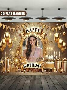 1pc Customized Happy Birthday Background, Gold Theme Personalized Birthday Custom Poster, Birthday Party Custom Photo And Name Poster For Party Background Decoration, Exclusive Personalized Graphic Text Customization Service - Multicolor - View 7