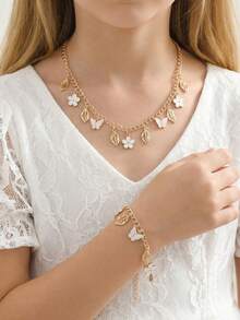 1pc/2pcs Girls Flower, Butterfly, Leaf Pendant Bracelet Necklace Set - Multicolor - View 3