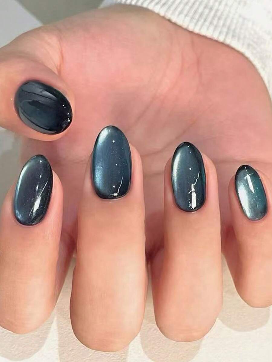 24片Y2K短款椭圆形蓝色猫眼水晶美甲贴纸，中号，亚克力猫眼材质，完美贴合亚克力假指甲套装，包含1瓶果冻胶和1把指甲锉，适合女性和女孩日常工作、学习和派对DIY美甲用品 - 寶藍色 - 查看 1