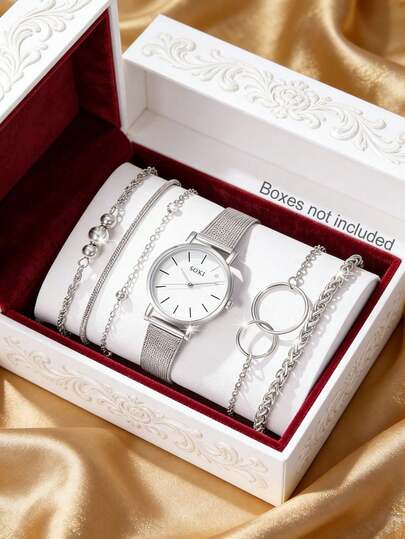 SOKI SOKI 1 Set Women's Fashion Casual Round Dial Quartz Watch And Minimalist Chain Bracelet Set, Suitable For Daily Wear, Birthday Gift, Party, Holiday Gathering, Ideal Gift For Yourself Or Friends. No Packaging Box Included.