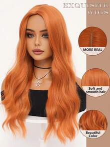 clouder Gothic Punk Orange Long Wavy Curly Wig 26-Inch Center-Parted Bangs Heat-Resistant Synthetic Fiber Wig Women's Soft And Fluffy Curls Perfect For Daily Cosplay, Street Style, Holiday Parties, Music Festivals, Y2K Aesthetic, Avant-Garde College Chic, Modern Fashion Punk Looks - 橘色 - 查看 8