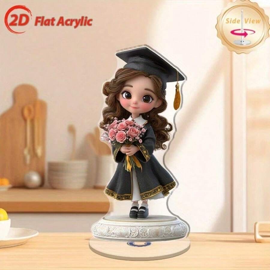 2D Flat - 1pc Cute Cartoon Graduate Girl Desktop Decor - 2D Flat Rotating Acrylic Desktop Decor With Bouquet, No Power Needed, Suitable For Office, Home Or Graduation Party Decor, Student Graduation Gift, Graduation Decor, Playful Design, Detailed Craftsmanship - A - View 1