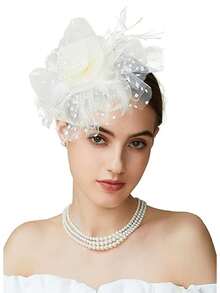 1pc Women's Tea Party Racing Hat, Kentucky Derby Hat, Floral Mesh Hair Accessory, Wedding Headpiece - Beige - View 4