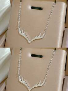 1pc Luxury Stainless Steel V-Shaped Deer Antler Necklace, Suitable For Men And Women, Elegant For Party, Holiday, Daily Wear, Wonderful Gift For Valentine's Day, Birthday - Multicolor - View 8