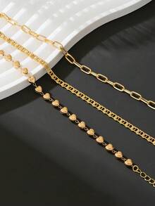 3条可爱简约链条手链，多层金属爱心吊坠手链，女士饰品，适合日常佩戴、派对、春夏场合 - 金黃色 - 查看 4