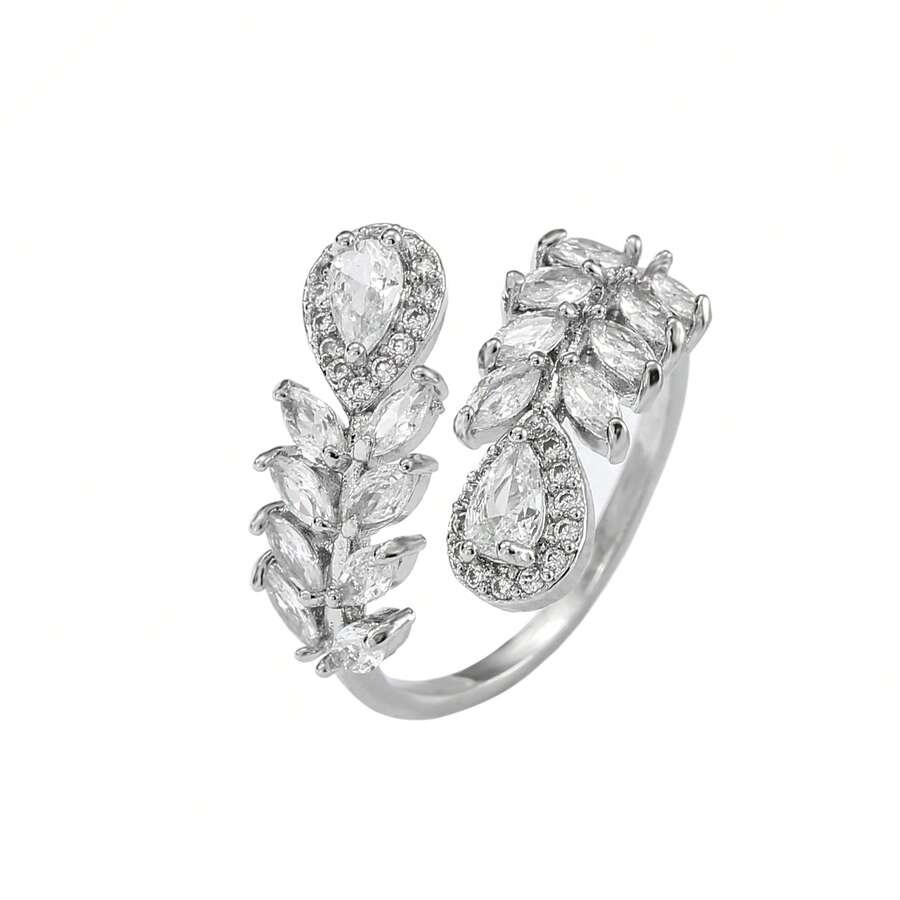 1枚简约独特设计锆石戒指，时尚个性开口戒指，女士款 - 樹葉開口 - 查看 1