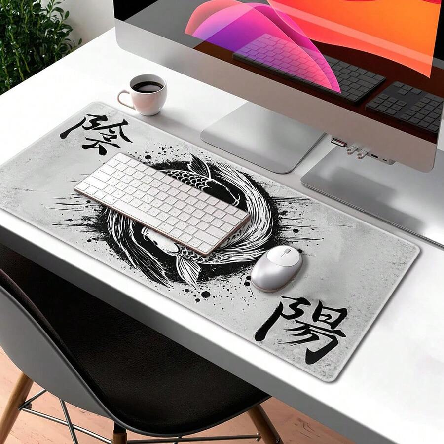 1 Stück Ewiger Fluss - Yin Yang Koi Schreibtischunterlage, coole moderne japanische Tuschmalerei Mauspad, großes Gaming Mauspad, Zen minimalistischer Büro-Dekor Gaming Büro Computer Schreibtischunterlage mit rutschfester Basis und umsäumten Kanten, geeignet für Gaming und Büro - Verschiedenfarbig - Übersicht 1