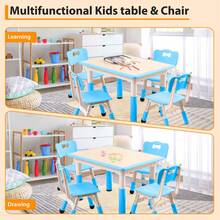 Juego de mesa y 4 sillas para niños, altura ajustable de 81 cm, patas antideslizantes, organizador de escritorio con diseño de grafiti, mesas de manualidades para actividades preescolares (azul) - Azul menta - Ver 5