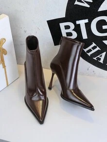 Botas de tobillo de moda para mujer con tacón de aguja sexy de estilo europeo y americano, puntera puntiaguda, tacón alto, ajuste delgado, cremallera trasera y diseño de parches - marrón oscuro - Ver 4