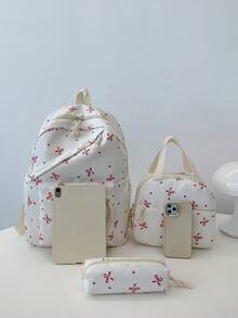 3pcs Fashionable Collegiate Bow Print Backpack Set, Including Backpack, Lunch Bag And Pencil Case, With Laptop Compartment, Adjustable Straps, Multi-Pocket Large Capacity Student Backpack Set, Suitable For Girls/Teens/College Students/Graduates For Daily Use/Vacation/Travel/Back To School - Multicolor - View 4