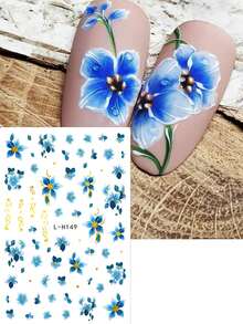 FULL BEAUTY 2片装古铜色蓝色花朵线条美甲贴纸 五瓣花晕染蓝星花 春夏植物优雅婚礼美甲贴片装饰 DIY美甲配件 - 彩色 - 查看 4