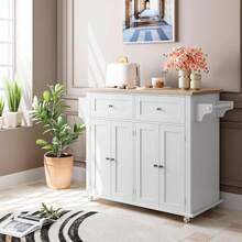 Carro de Isla de Cocina con Almacenamiento, Encimera de Madera con Ruedas, Cajón y Armario de Almacenamiento, Móvil para Cocina - Blanco - Ver 1