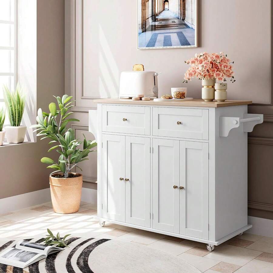 Carro de Isla de Cocina con Almacenamiento, Encimera de Madera con Ruedas, Cajón y Armario de Almacenamiento, Móvil para Cocina - Blanco - Ver 1