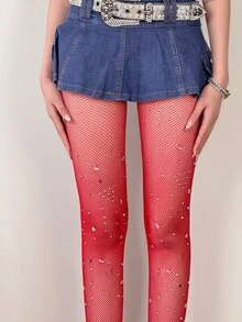 1 Pair Multicolor Asymmetrical Shiny Rhinestone Embellished Fishnet Stockings, Sexy Y2K Style Rhinestone Mesh Tights - Multicolor - View 13
