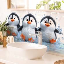俏皮企鹅浴室墙贴 - 可爱的卡通企鹅和水花主题贴纸，自粘可移除，适用于厨房墙面和瓷砖装饰，趣味家居风格装饰 - 多色 - 查看 4