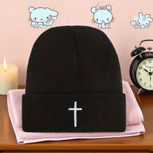1 pieza/2 piezas Nuevo gorro de punto de acrílico con bordado de cruz para otoño/invierno, gorro de punto versátil unisex a prueba de frío para hip-hop - Multicolor - Ver 1