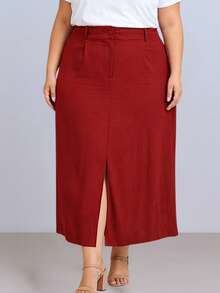 Women's Plus Size Midi Skirt With Front Slit, High Waist, Tailored, Sensual Style, Marrante - Màu Đỏ Sâu - Xem 1