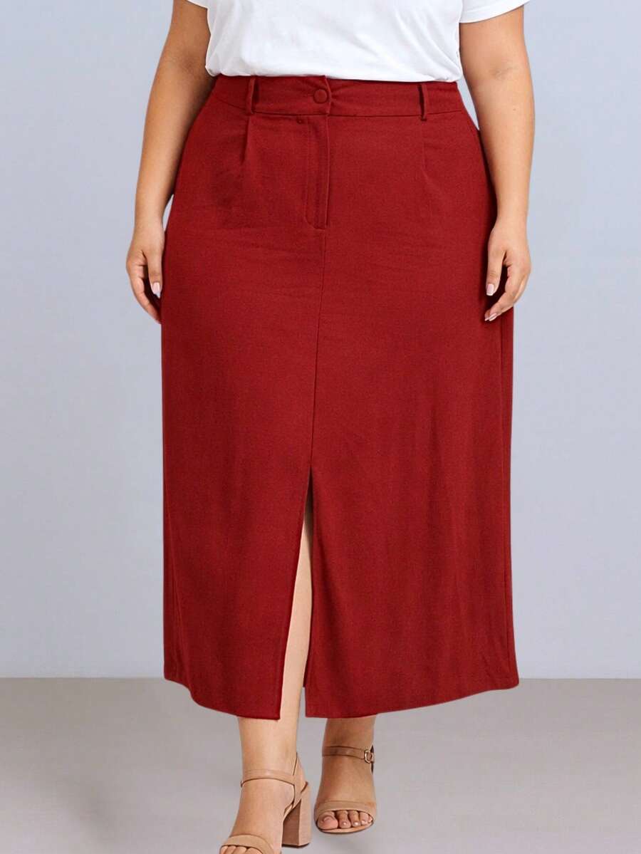 Women's Plus Size Midi Skirt With Front Slit, High Waist, Tailored, Sensual Style, Marrante - Màu Đỏ Sâu - Xem 1