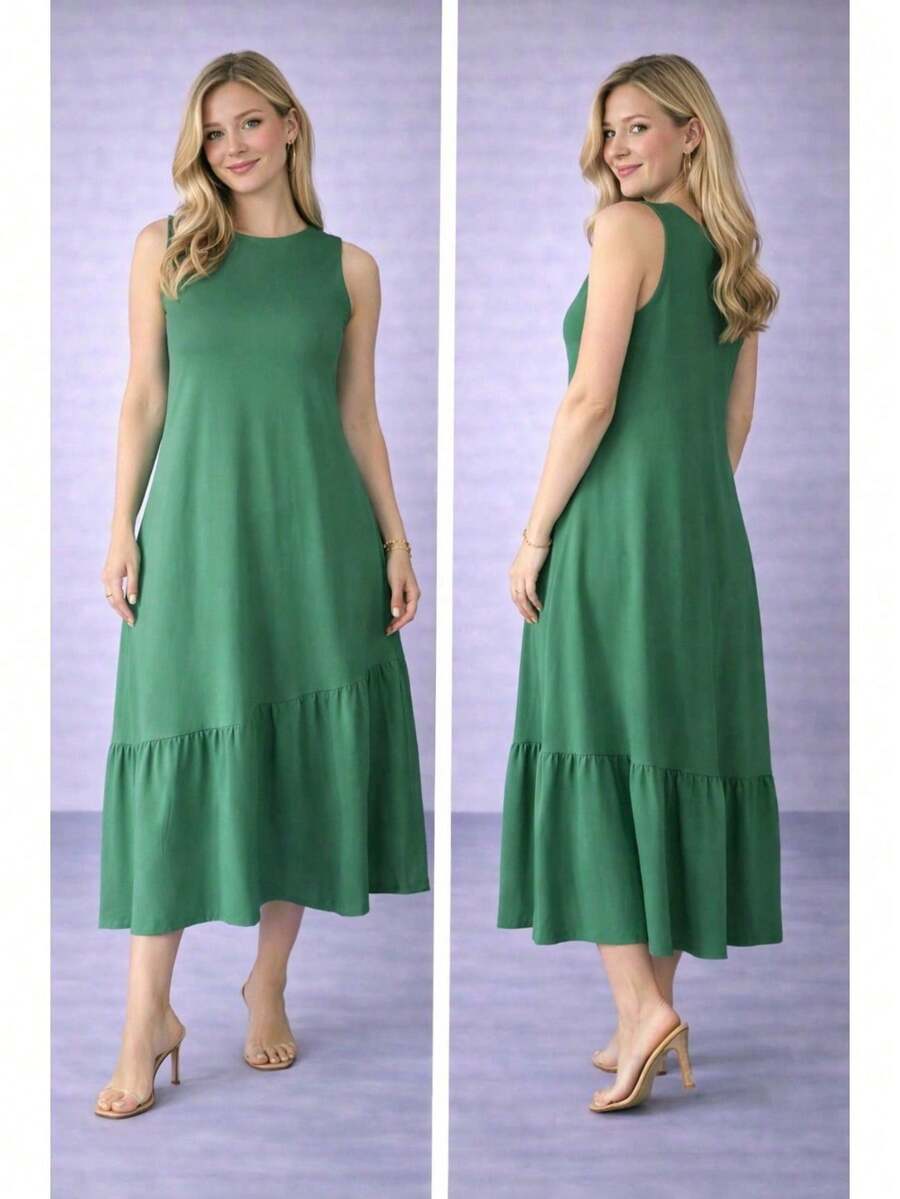 Midi Dress With Scoop Neckline And Ruffled Hem Stylish Summer Simple Casual Daily Ruffle Fabric - màu xanh lá - Xem 1